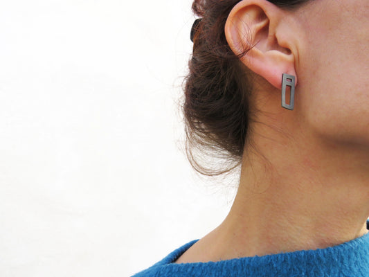 Asymmetrical Oxidized Silver Stud Earrings | KimyaJoyas