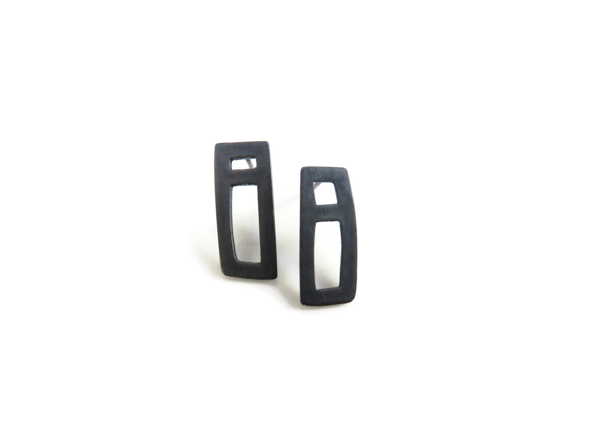 Asymmetrical Oxidized Silver Stud Earrings | KimyaJoyas