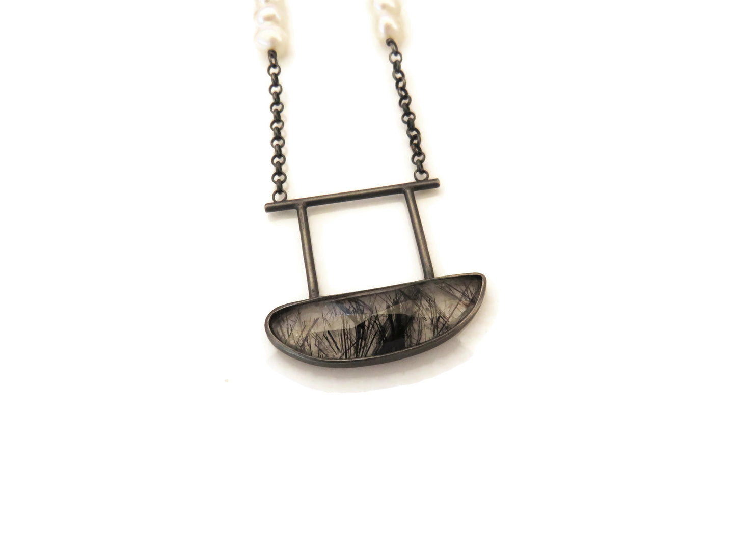 Black Rutile Quartz Necklace in Oxidized Silver