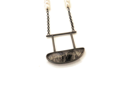 Black Rutile Quartz Necklace in Oxidized Silver - KimyaJoyas