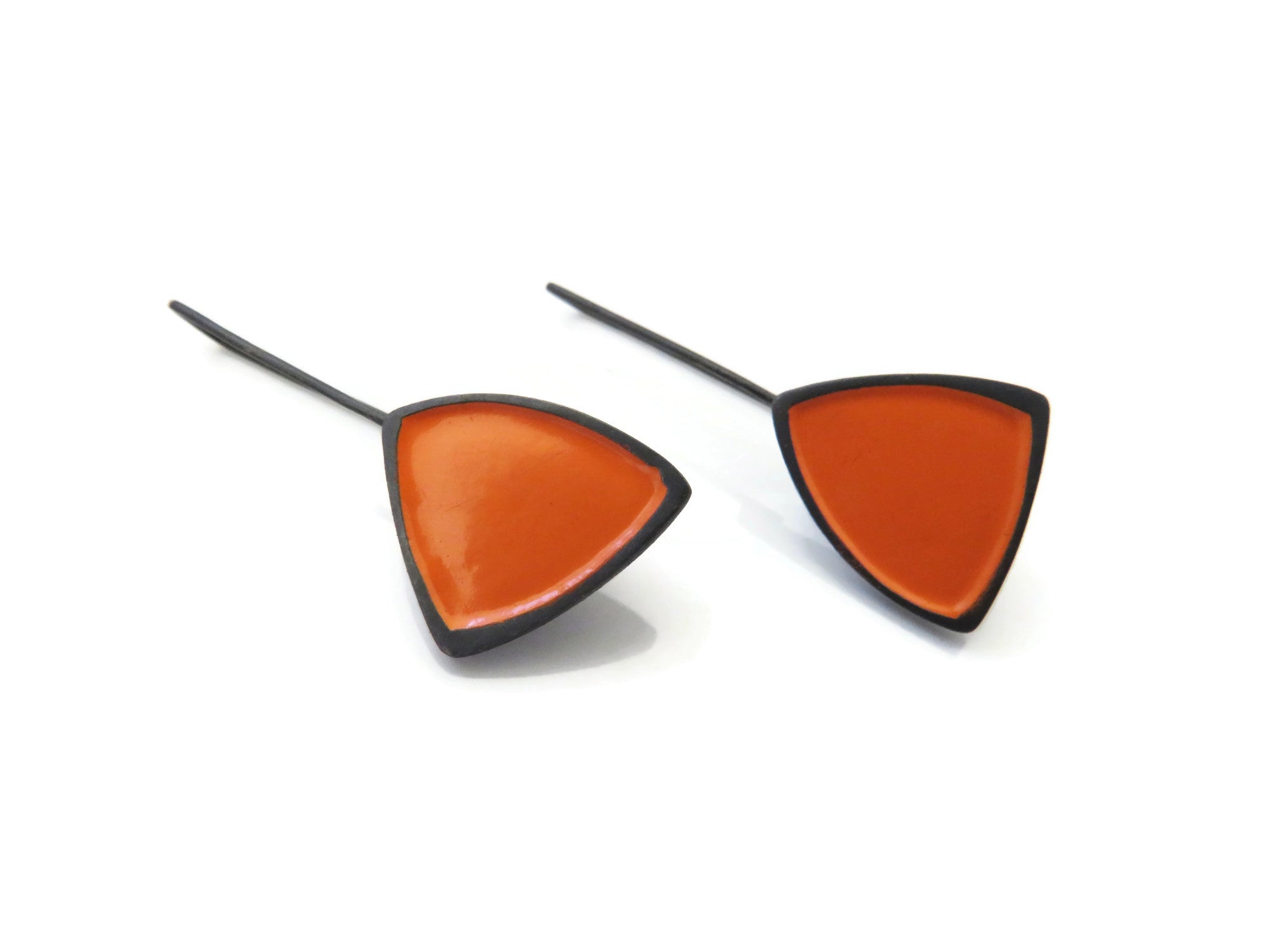 Enameled Orange Earrings in Oxidized Silver