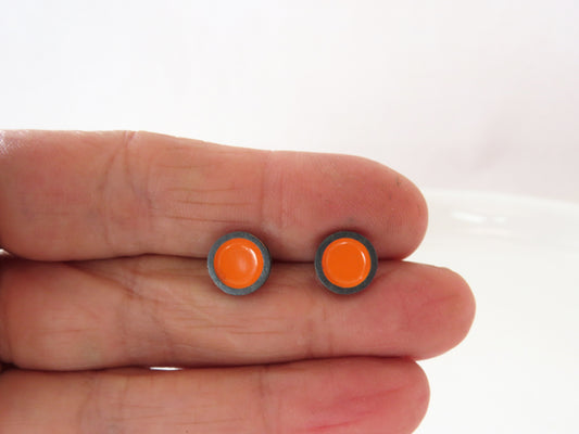 Enameled Orange Stud Earrings in Oxidized Silver