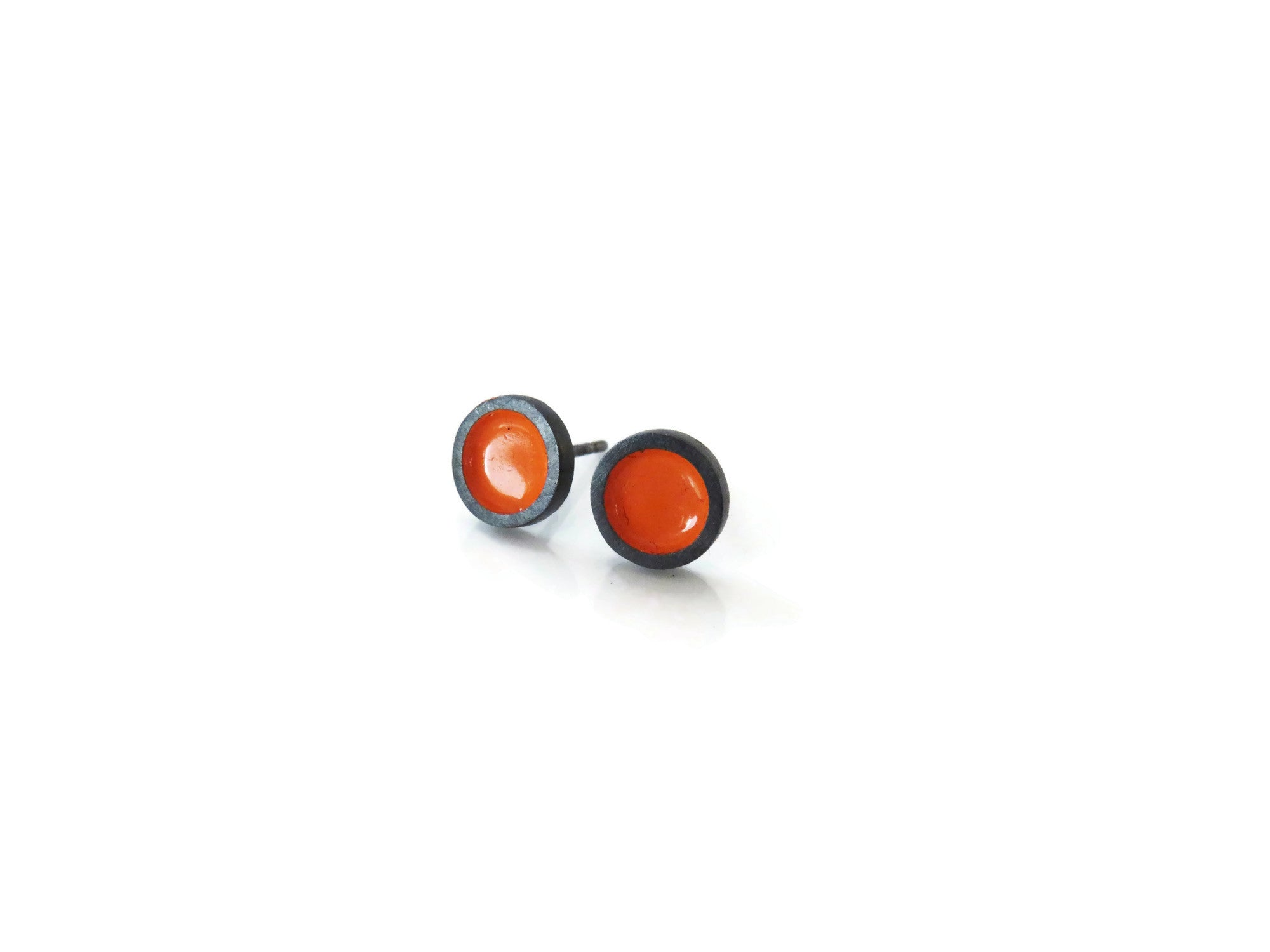 Enameled Orange Stud Earrings in Oxidized Silver