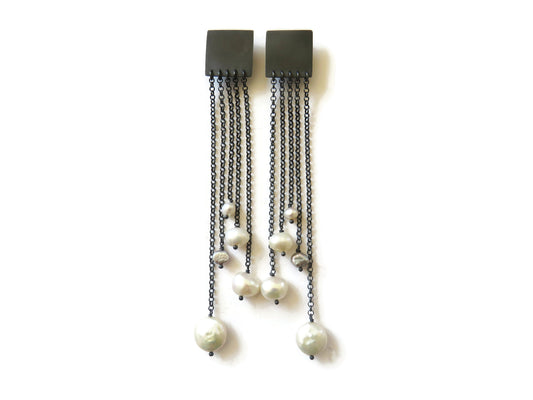 Very Long Pearl Oxidized Silver Earrings - RESERVED