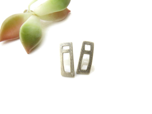 Asymmetrical Brushed Silver Stud Earrings | KimyaJoyas