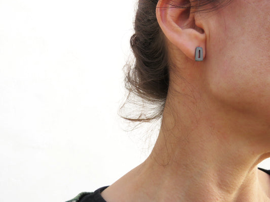 Uneven Square Oxidized Silver Stud Earrings | KimyaJoyas