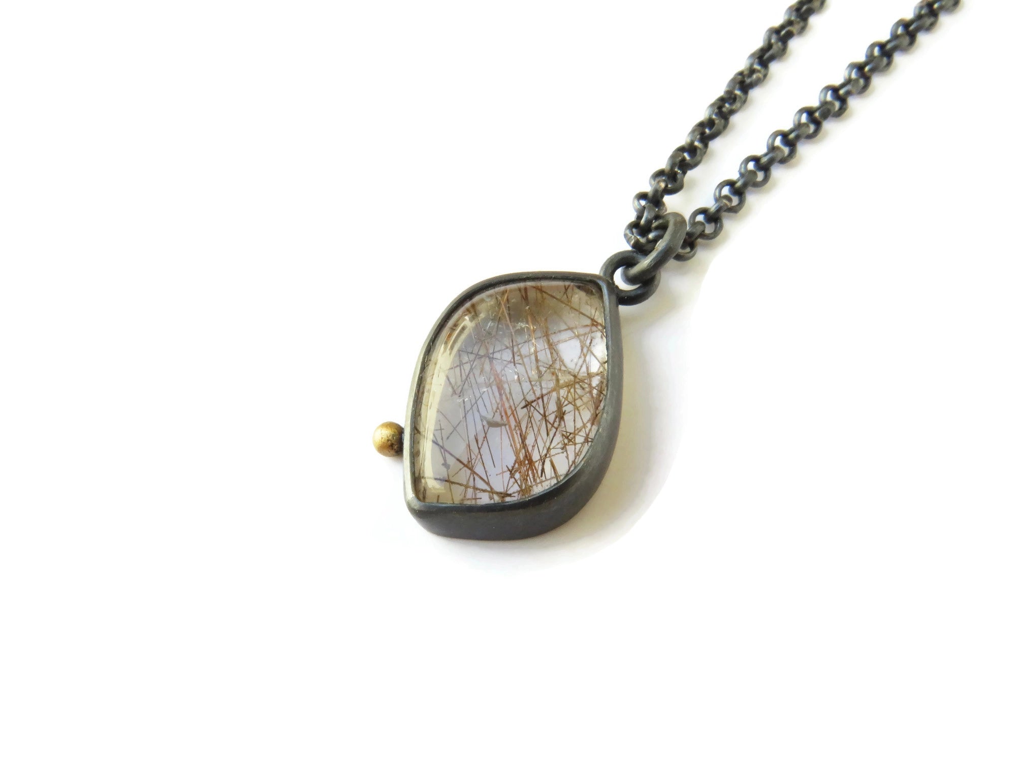 Rutile Quartz Pendant in Oxidized Silver and Gold | KimyaJoyas