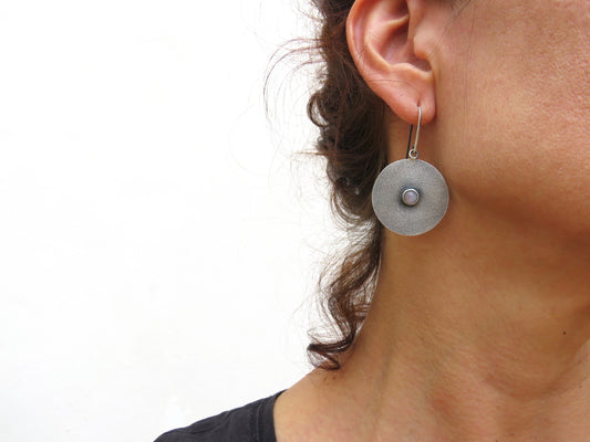 Moonstone Circular Silver Dangle Earrings | KimyaJoyas