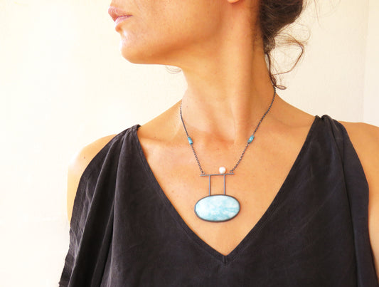 Larimar Oxidized Silver Necklace with Pearl and Apatite