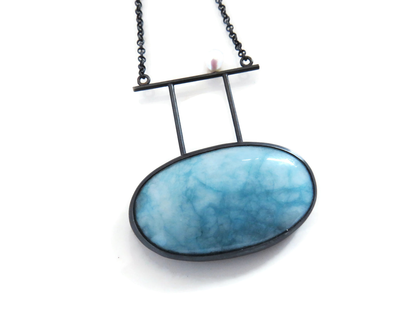 Larimar Oxidized Silver Necklace with Pearl and Apatite