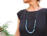 Long Necklace with Rough Aquamarine Beads in Oxidized Silver