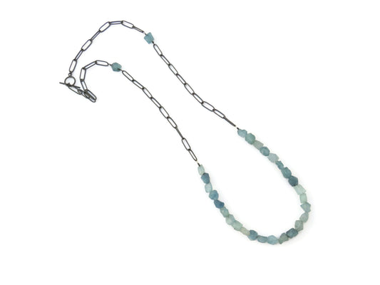 Long Necklace with Rough Aquamarine Beads in Oxidized Silver
