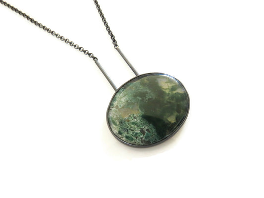 Moss Agate Oxidized Silver Necklace