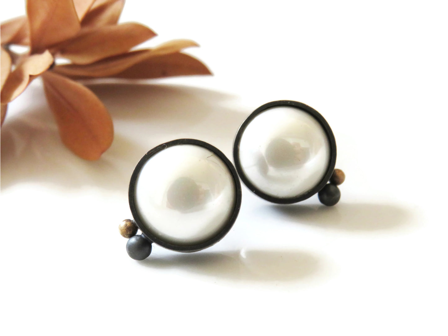 Pearl Oxidized Silver and Gold Earrings