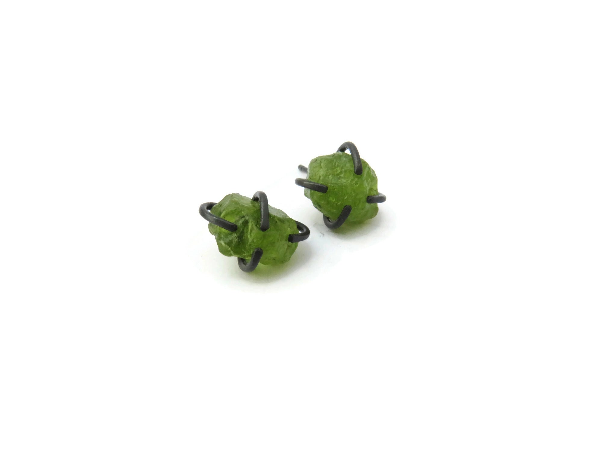 Raw Peridot Oxidized Silver Stud Earrings