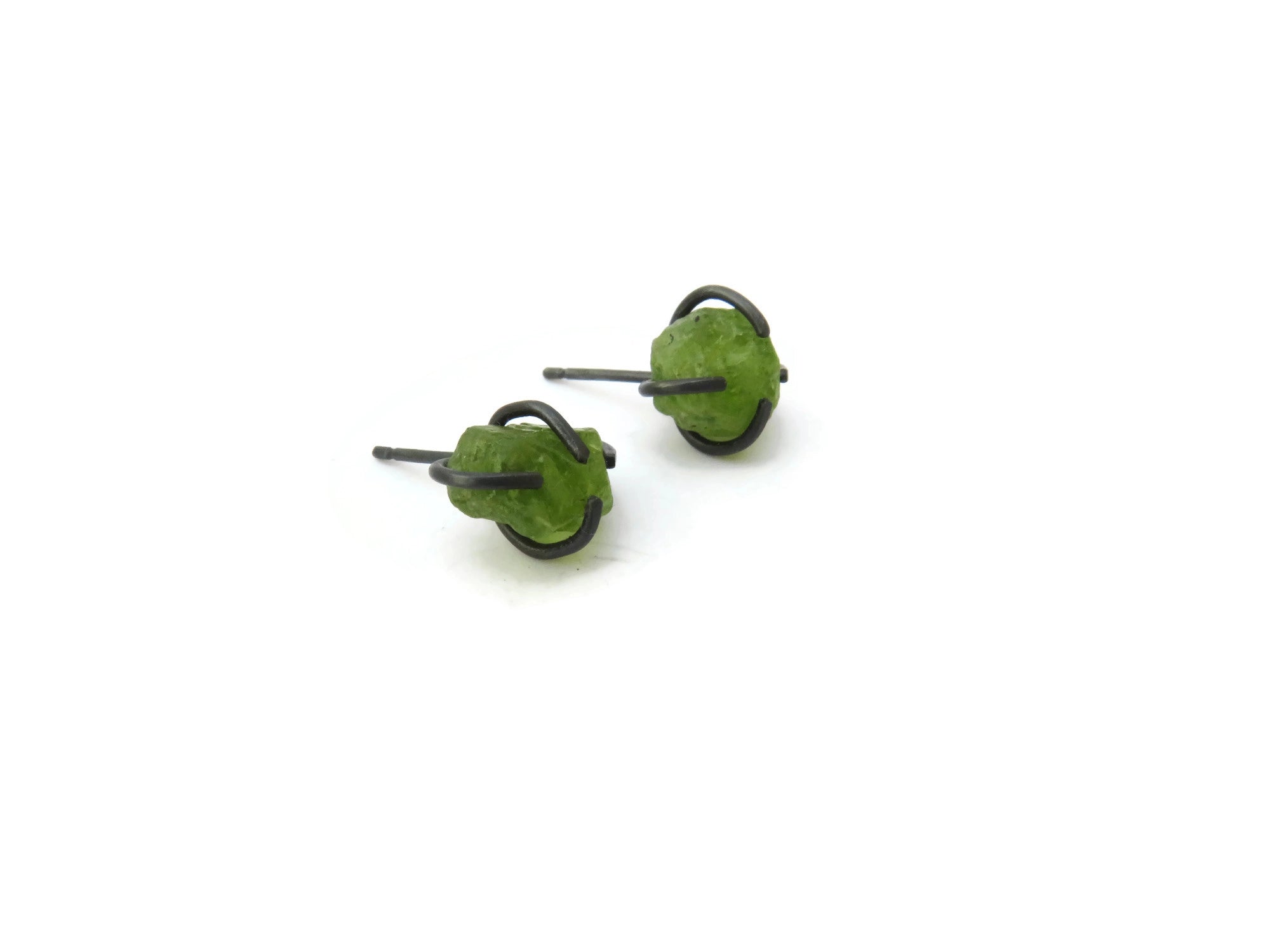 Raw Peridot Oxidized Silver Stud Earrings