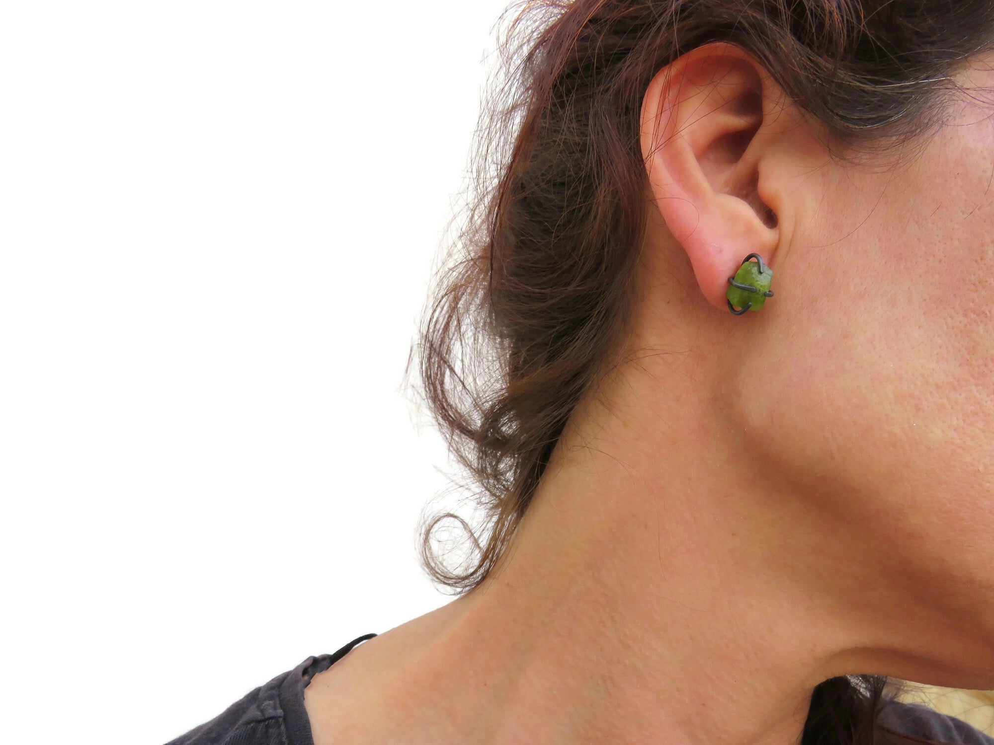 Raw Peridot Oxidized Silver Stud Earrings