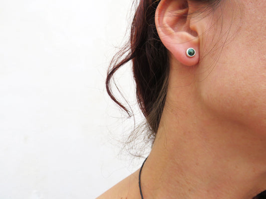 Tiny Malachite Silver Stud Earrings | KimyaJoyas