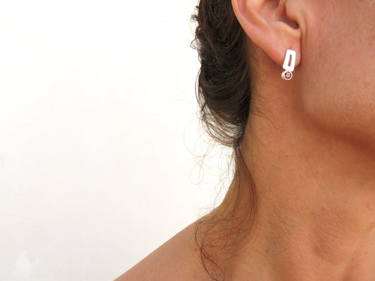 Garnet Stud Earrings in Matte Silver