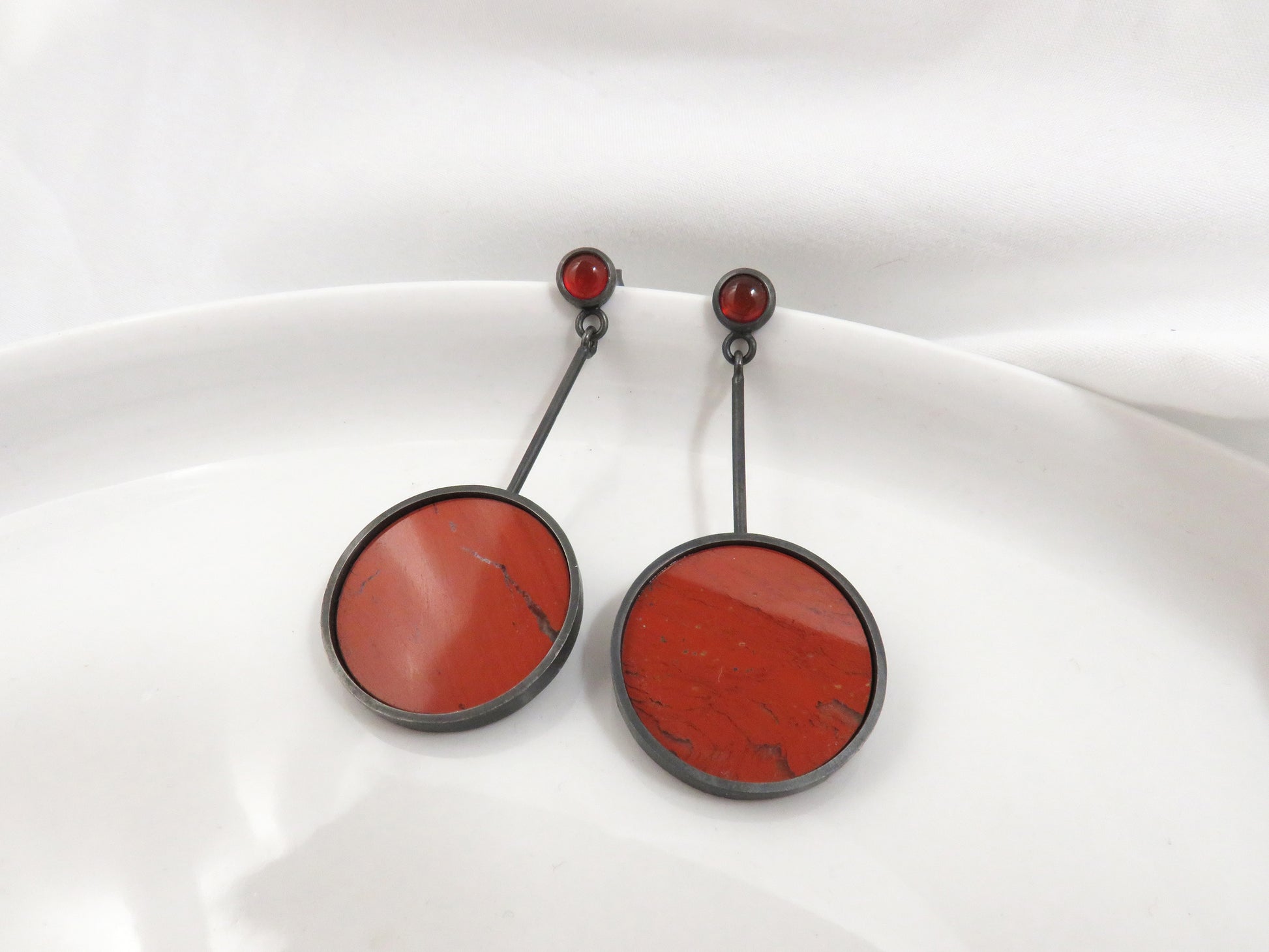 Carnelian and Red Jasper Long Earrings in Oxidized Silver