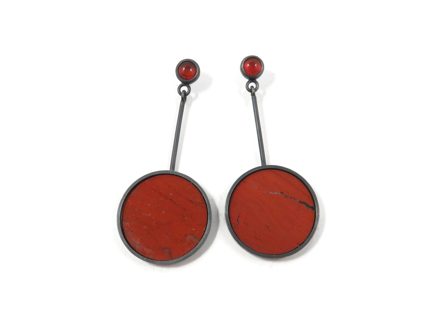 Carnelian and Red Jasper Long Earrings in Oxidized Silver