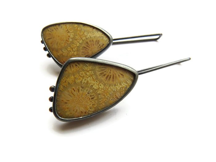 Fossil Coral Oxidized Silver Dangle Earrings - Eusebeia KimyaJoyas