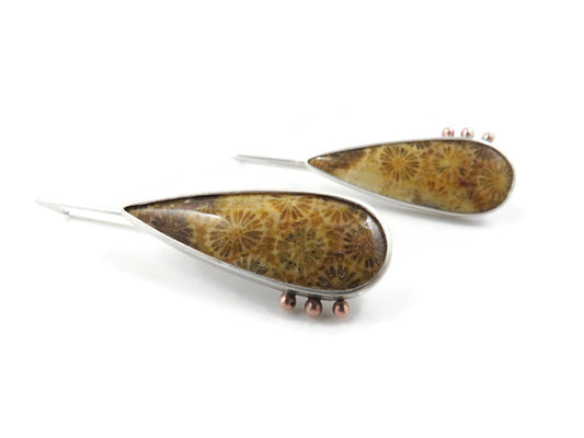 Fossilized Coral Silver Dangle Earrings