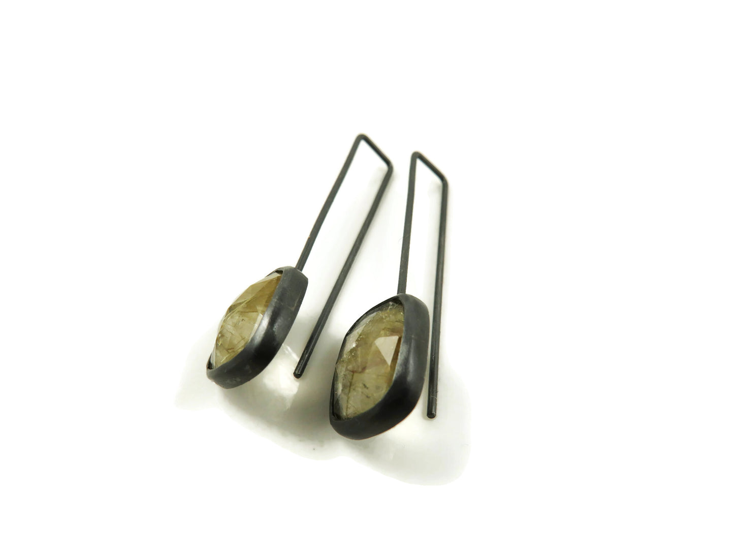Golden Rutile Quartz Oxidized Silver Earrings
