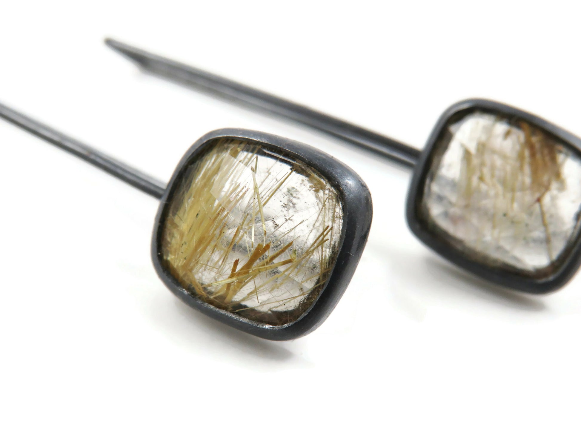 Golden Rutile Quartz Oxidized Silver Earrings
