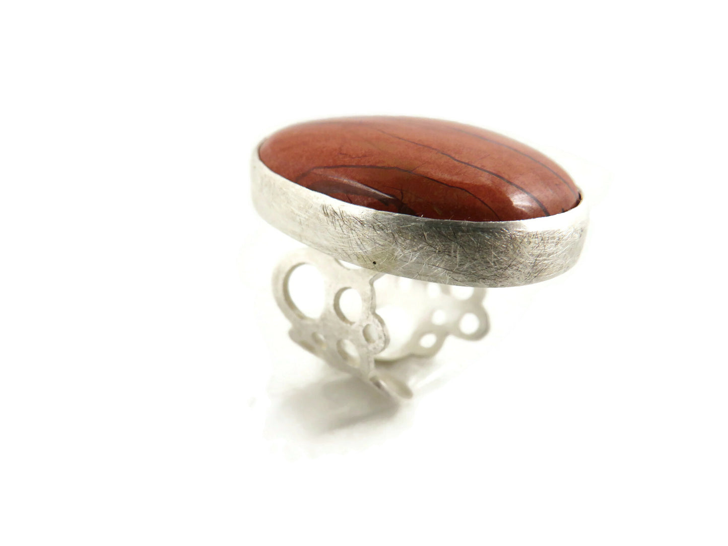 Red Jasper Sterling Silver Ring with Openwork Band