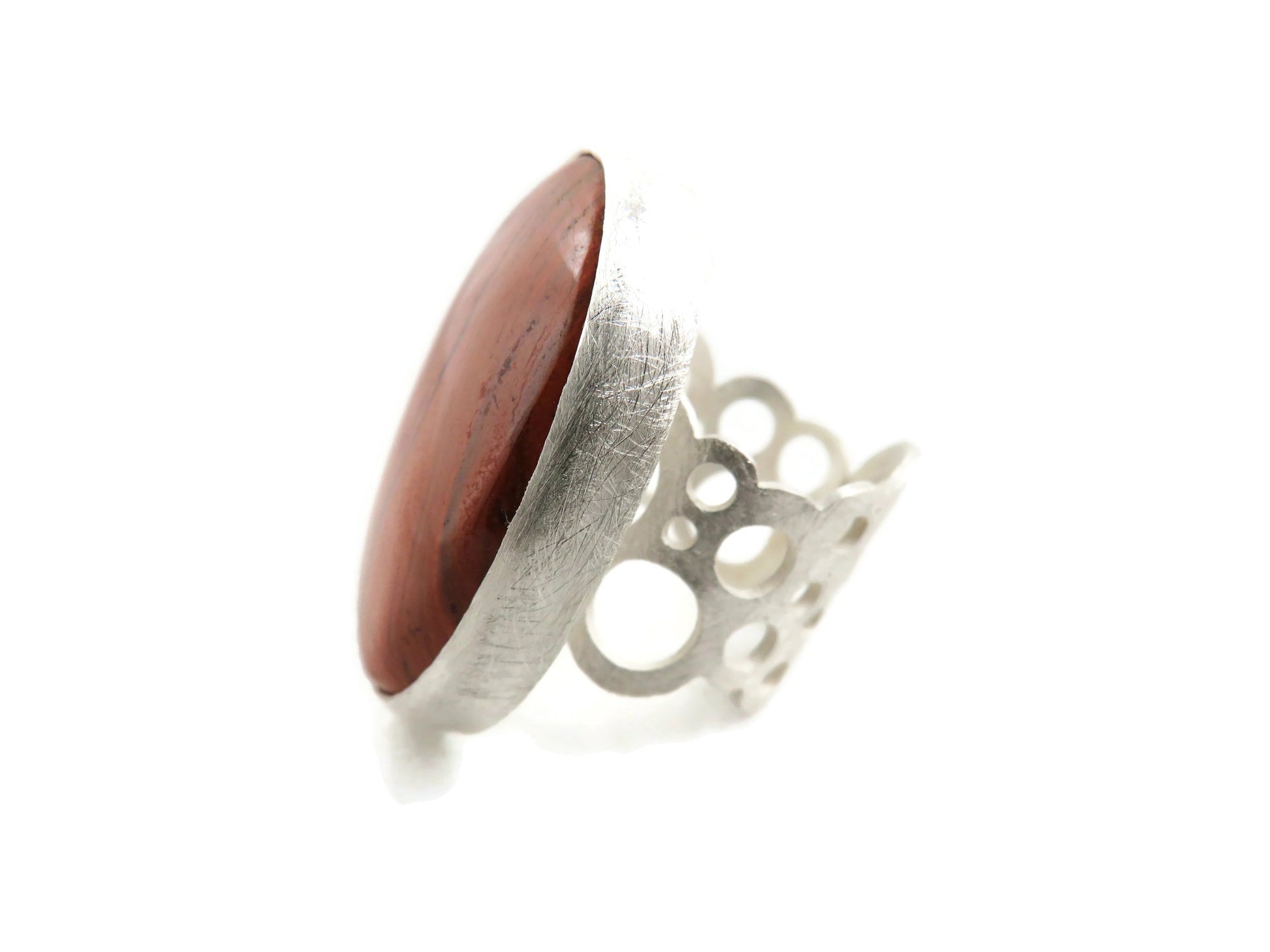 Red Jasper Sterling Silver Ring with Openwork Band