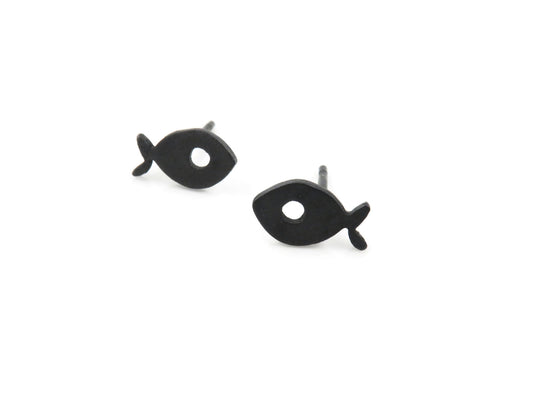 Tiny Fish Oxidized Silver Stud Earrings