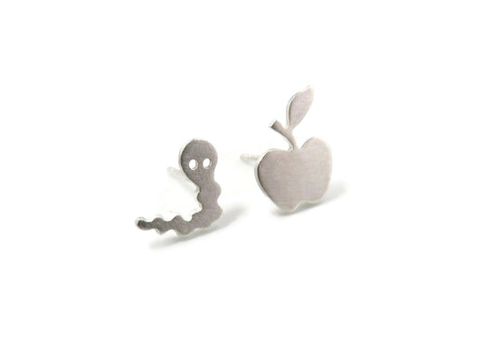 Tiny Apple and Worm Silver Stud Earrings