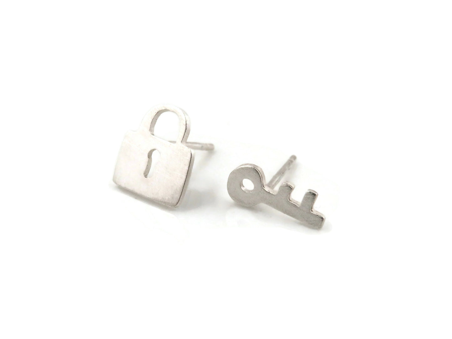 Tiny Padlock and Key Silver Stud Earrings
