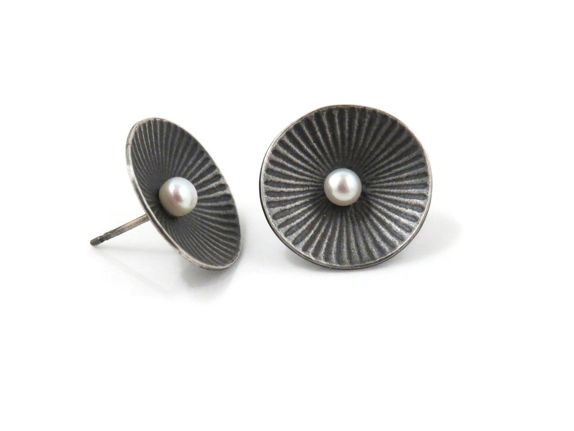 Pearl Silver Earrings with Embossed Design