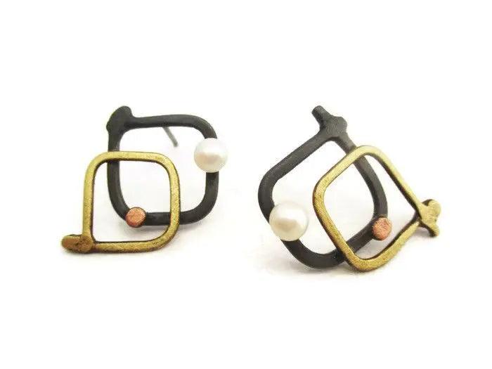 Square Stud Earrings - Art Oxidized Jewelry | KimyaJoyas